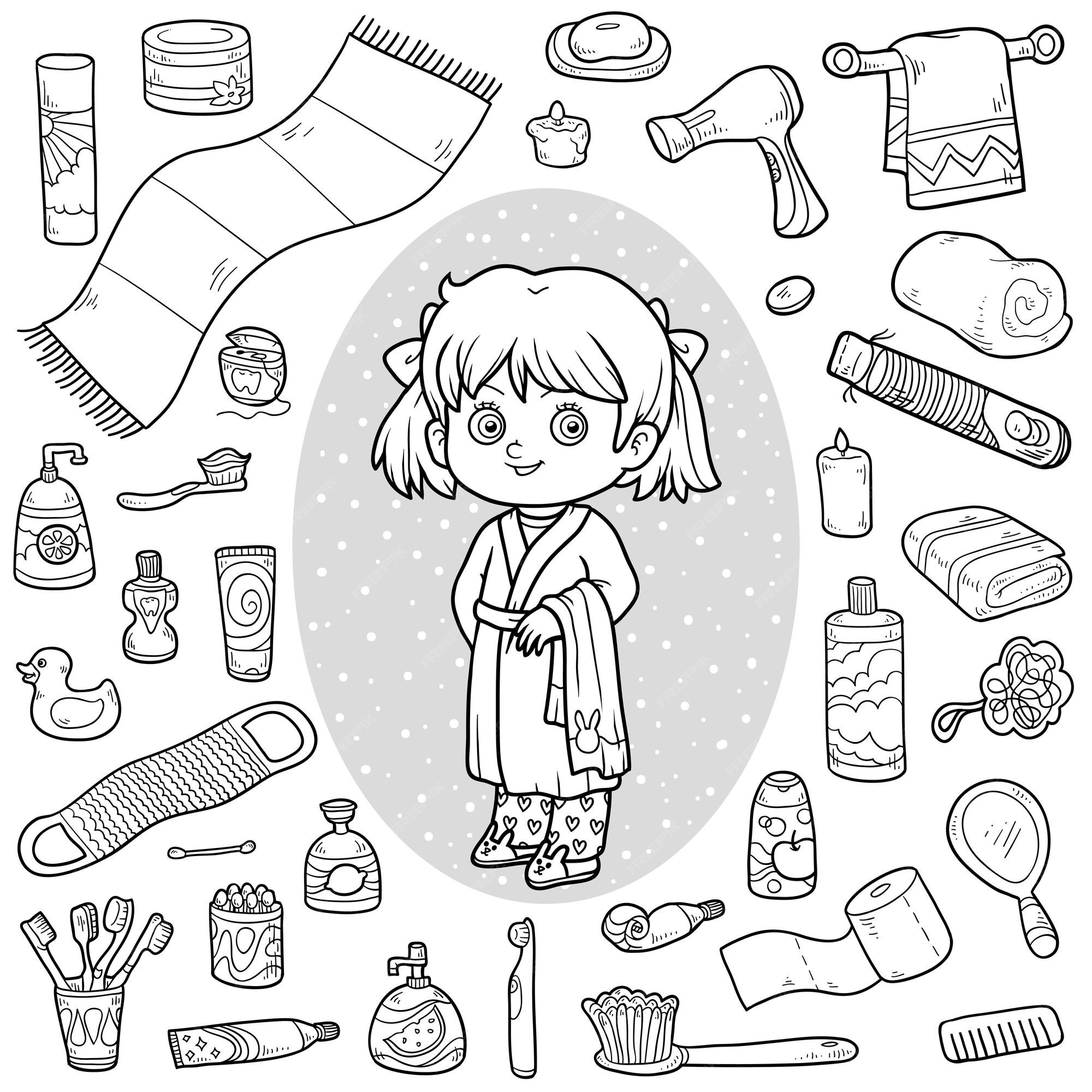 Premium Vector | Vector colorless set of bathroom objects, little girl ...