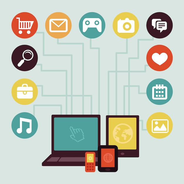 Vector concept - mobile app development infographics in flat style with social media and technology Premium Vector