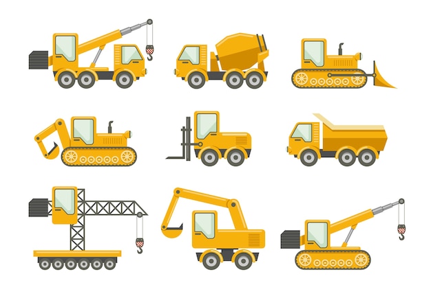 Vector construction icons set. bulldozer and machinery, truckload and crane, excavator and mixer Free Vector