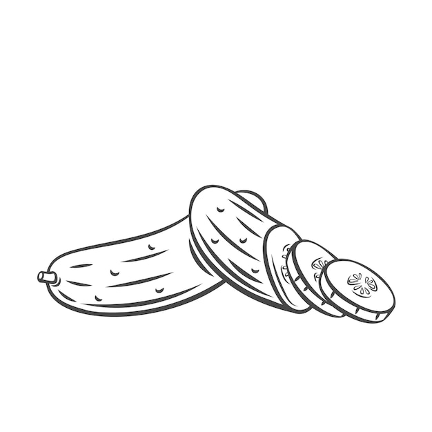 ベクトルキュウリ 農場野菜のアウトラインアイコン モノクロイラストを描く プレミアムベクター