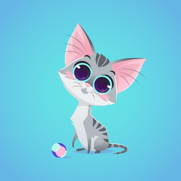 ベクトルかわいい猫のキャラクターイラスト 漫画のスタイル ボールのおもちゃと灰色の猫 ペット プレミアムベクター