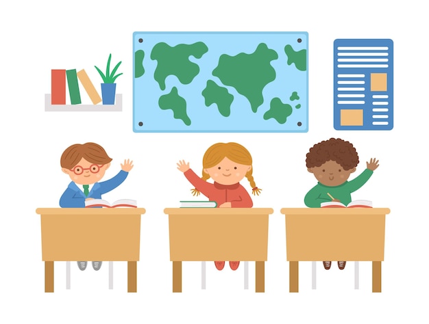 手を上げて机に座っているかわいい幸せな小学生をベクトルします 小学校の教室のイラスト レッスンで賢い子供たち 男の子と女の子は先生の質問に答える準備ができています プレミアムベクター