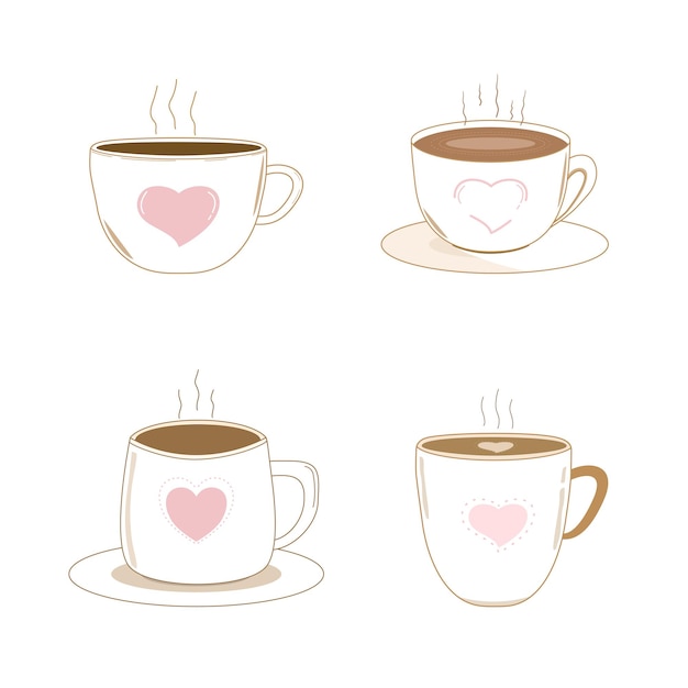 Premium Vector | Vector cute set of hot coffee cup with pink heart ...