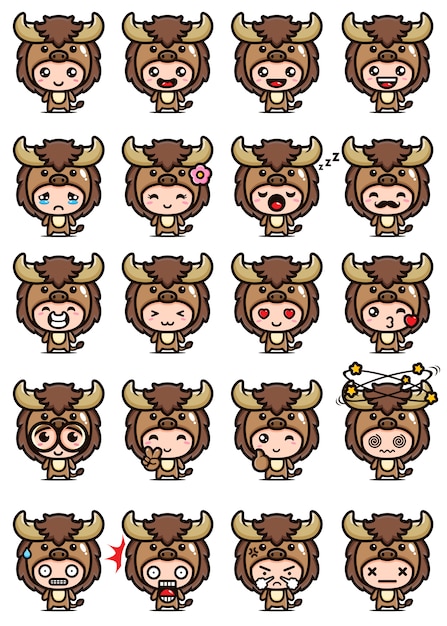 Premium Vector | Vector design of cute buffalo mascot set