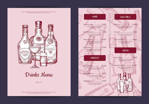 バー カフェ またはレストランとレストランのベクトルドリンクメニューテンプレート描画アルコール飲料のボトルとグラスのイラスト プレミアムベクター