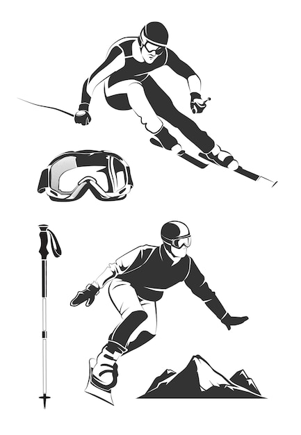 ヴィンテージスキーやスノーボードのラベルやエンブレムのベクトル要素 スキースポーツ スキーラベルバッジ エンブレムスノーボード 極端なスキーと スノーボードのイラスト 無料のベクター
