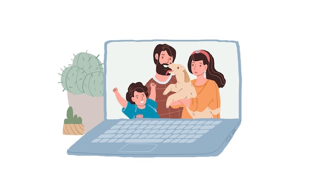 Premium vector vector flat cartoon happy family characters on computer screen using online app 