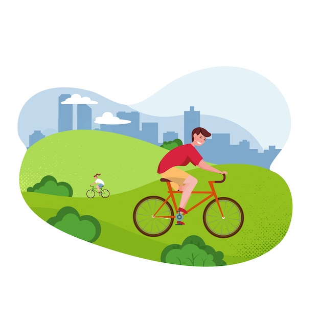 ベクトルフラット漫画イラスト 自転車に乗る男 公園 木々 丘 プレミアムベクター