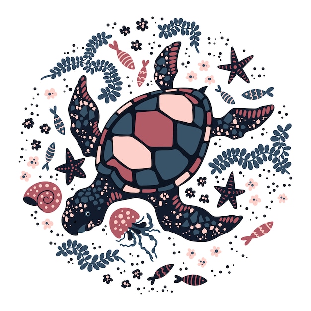 Premium Vector | Vector flat hand drawn turtle surrounded by marine ...