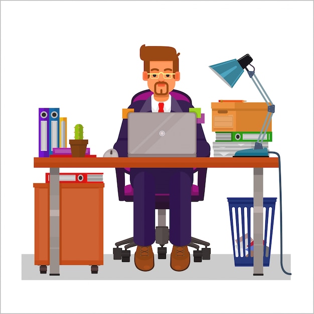 Vector flat illustration of a man working on\
the computer