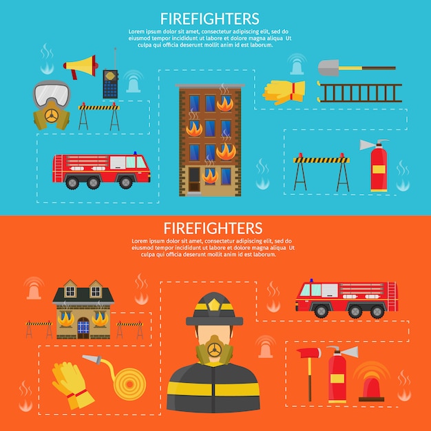 消防キャラクターとインフォグラフィック 斧 フックと消火栓 消防ヘリコプター ホース 消防署 消防車 火災警報器 消火器のベクトルフラットイラスト プレミアムベクター