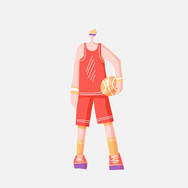 スポーツ赤オレンジ色のユニフォーム バスケットボールのボール 白い背景で隔離の立っているスポーツマンのベクトルフラットイラスト プレミアムベクター