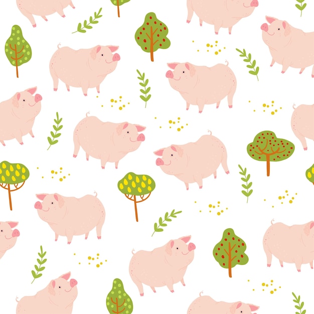 手描きのかわいい農場家畜豚動物 白い背景で隔離の木植物要素とベクトルフラットシームレスパターン 包装紙 カード 壁紙 ギフトタグ 保育園の装飾などに プレミアムベクター