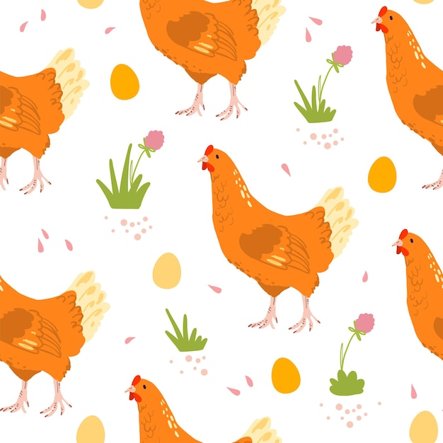 手描きの農場国産鶏の鳥 卵 花が白い背景で隔離のベクトルフラットシームレスパターン 紙 カード 壁紙 ギフトタグ 保育園の装飾などの包装に適しています プレミアムベクター