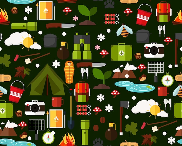 Premium Vector | Vector flat seamless texture pattern summer camping