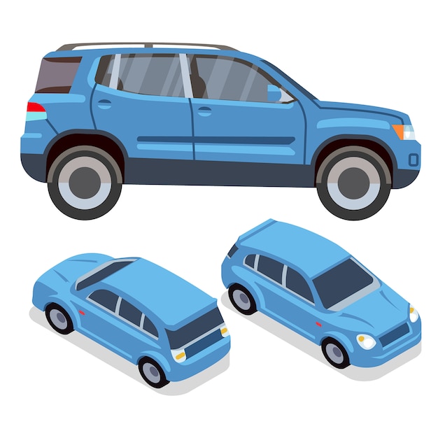 Vector flat-style cars in different views. blue suv. car transport blue