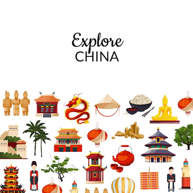 ベクトルフラットスタイル中国の要素と観光スポットの背景イラスト テキストのための場所 プレミアムベクター