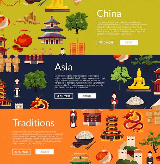 Vector flat style china elements and sights horizontal web banners illustration Premium Vector