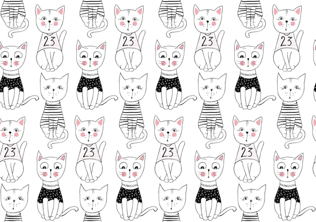 ベクトル面白い猫のシームレスなパターン かわいい子猫の手描きイラスト スタイリッシュな漫画の動物の背景 落書きコミックキャラクタープリント プレミアムベクター
