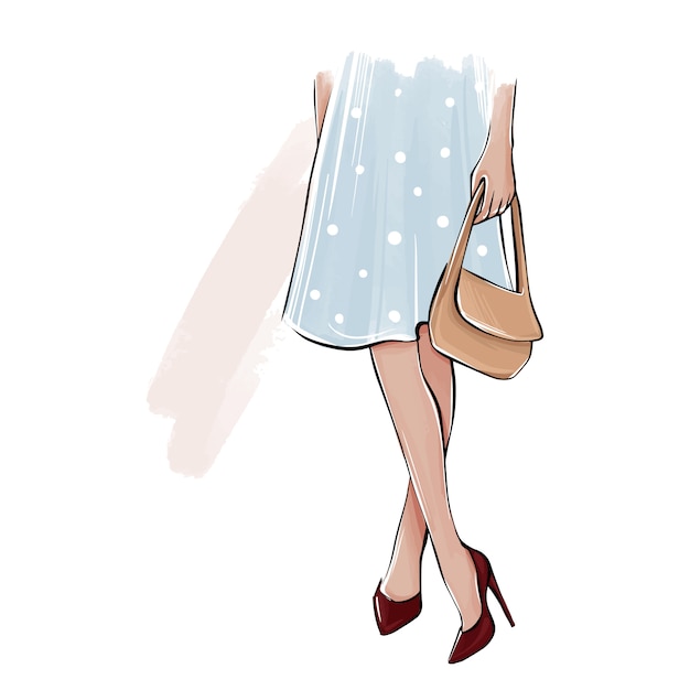ベクトルハイヒールの女の子 バッグのドレス ファッションイラスト 靴の女性の足 かわいいガーリーなデザイン エレガントな服 プレミアムベクター