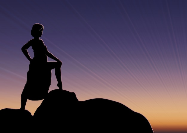 Free Vector | Vector girl silhouette on the sunset. girl stand on rock.