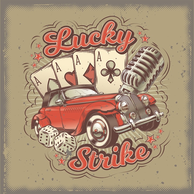Free Vector Vector Grunge Vintage Illustration Poster With Four Card Aces Retro Car And Old Microphone