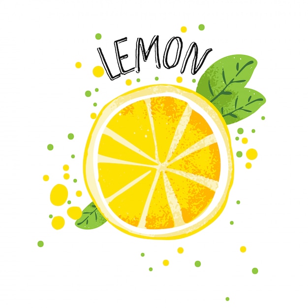 ベクターの手描きレモンイラスト 半分と白い背景で隔離のジュースの飛散とレモンのスライス プレミアムベクター