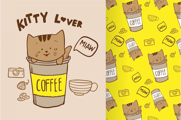 Download Vector hand drawn cute cat kitty coffee with pattern set ...