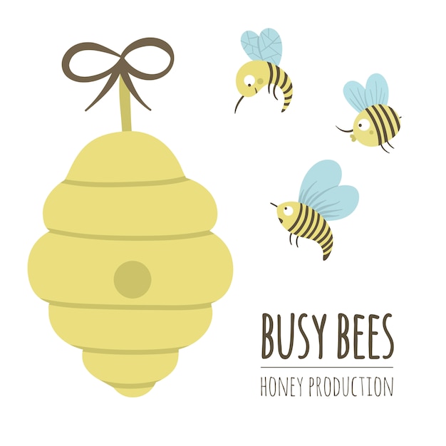 ベクターの手には 蜂と蜂の巣のフラットのイラストが描かれました 蜂蜜生産ロゴ サイン バナー ポスター プレミアムベクター