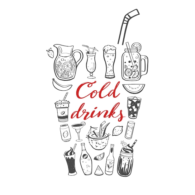 冷たい飲み物と夏の飲み物のベクトル手描きイラストと手書き書道 プレミアムベクター