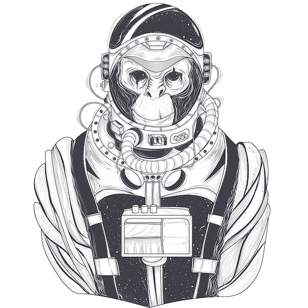猿の宇宙飛行士 チンパンジーの宇宙服のベクトル手描きのイラスト 無料のベクター