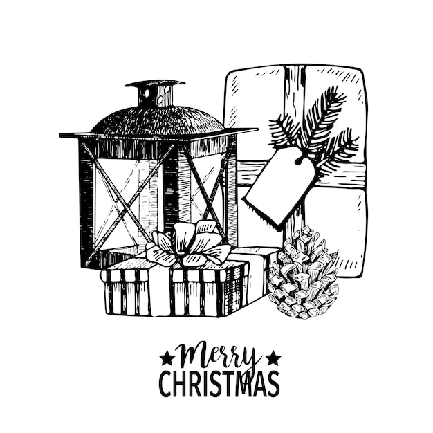 ギフトパッケージ 円錐 ランタンのベクトル手描きのイラスト クリスマスの彫刻の芸術の装飾 プレミアムベクター
