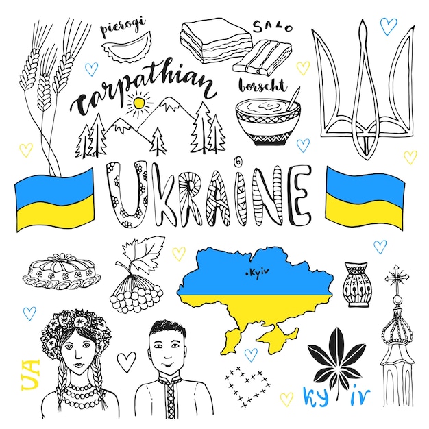 Premium Vector Vector Hand Drawn Line Art Set Of Ukraine Signs And People Characters Ukrainian Icons Collection With Tradition Food