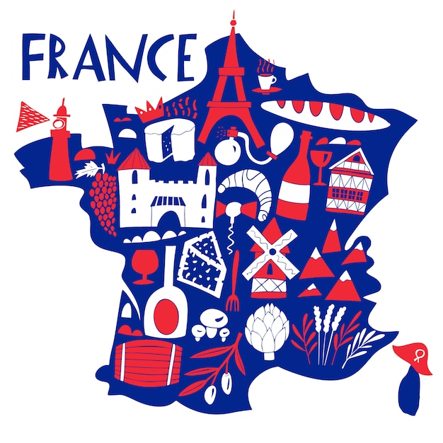 Vector hand drawn stylized map of france. travel illustration with french landmarks, food and 