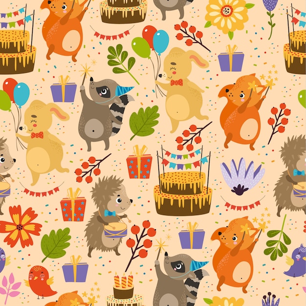 Vector happy birthday pattern, hedgehog,
rabbit, fox, raccoon