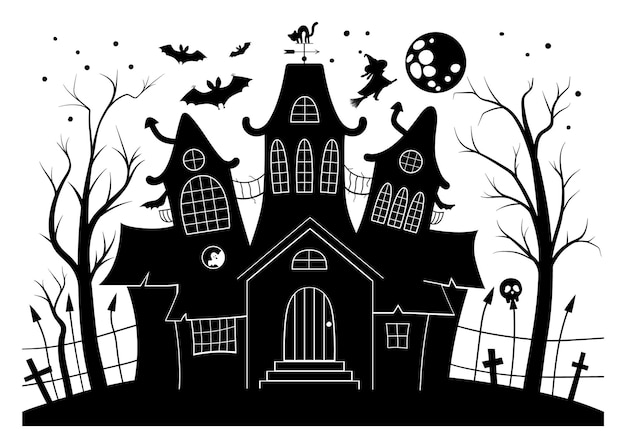 ベクトルお化け屋敷の黒と白のイラスト 大きな月 幽霊 コウモリ 墓地と不気味なコテージのシルエットとハロウィーンの背景 怖いサムハインパーティーの招待状やカードのデザイン プレミアムベクター
