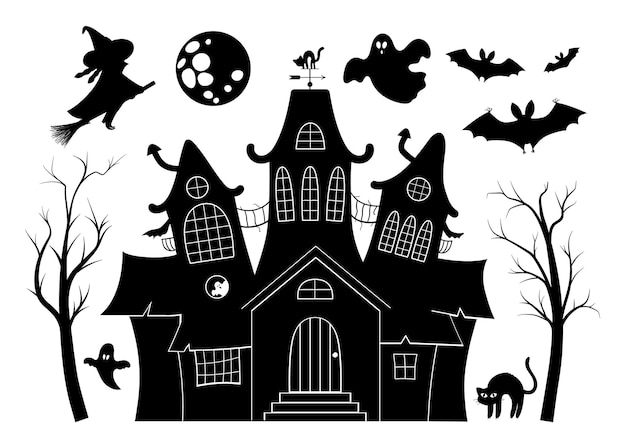 ベクトルお化け屋敷黒と白のイラストセット 不気味なコテージ 大きな月 幽霊 コウモリ 木のハロウィーンのシルエット要素 怖いサムハインのパーティの招待状やカードのデザイン プレミアムベクター