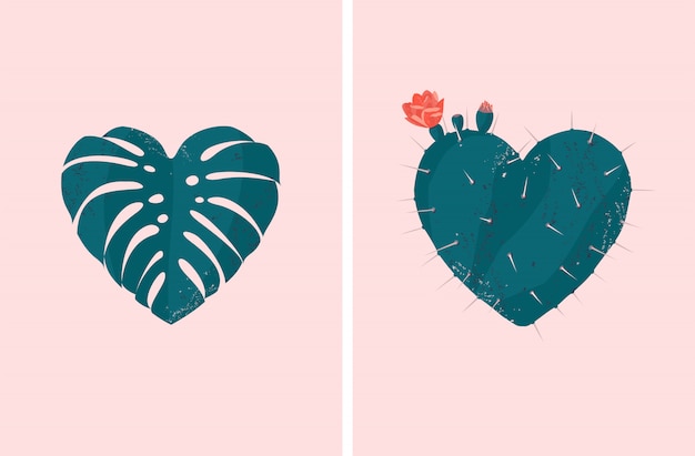 Vector heart shaped tropical plant set of monstera leaf and blooming cactus Premium Vector