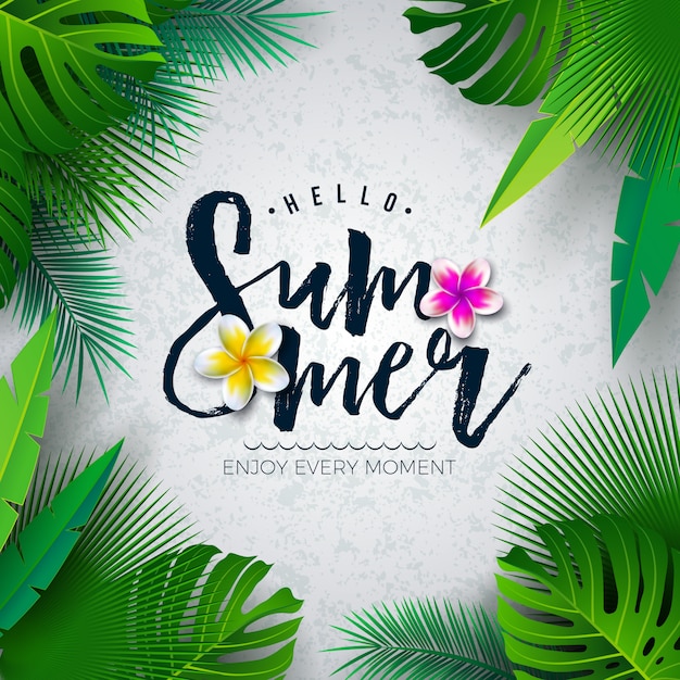 Vector hello summer illustration with typography letter and tropical palm leaves Premium Vector