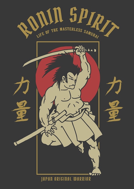 Vector illustration of ancient samurai warrior with japanese word means strength Premium Vector