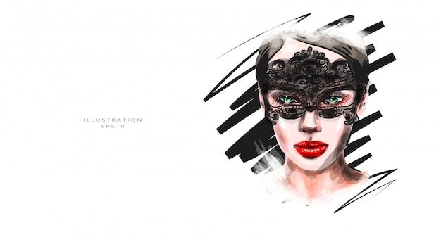 Vector illustration. a beautiful girl with bright makeup in a carnival mask on her eyes. Premium Vec
