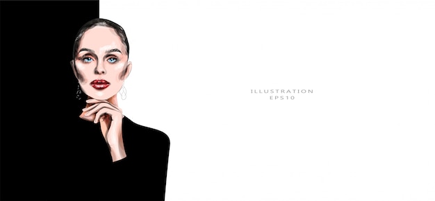Vector illustration. beautiful young lady in black clothes. bright makeup. fashionable illustration.