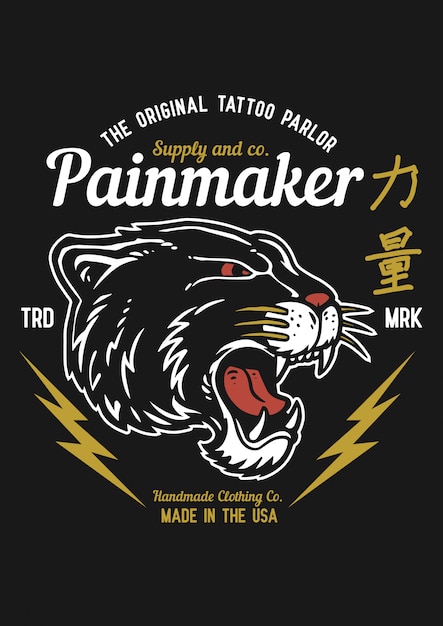 Premium Vector Vector Illustration Of Black Puma Head In Vintage Tattoo Graphic Style The Japanese Kanji Words Means Strength