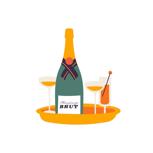 ガラスとスパークリングワインのベクトルイラストボトル お祝いのコンセプト グレッティングカードまたはポスターテンプレート プレミアムベクター