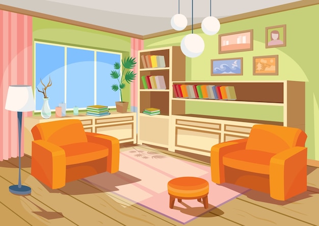 Vector illustration of a cartoon interior of an orange home room, a ...