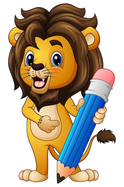 Premium Vector | Vector illustration of cartoon lion holding a pencil