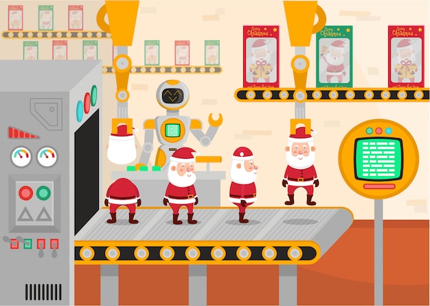 Premium Vector Vector Illustration Of A Christmas Conveyor Robot Packs Toys Santa Clauses