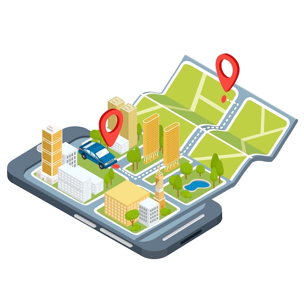 Vector illustration of the concept of using the mobile application of the global positioning system. Free Vector