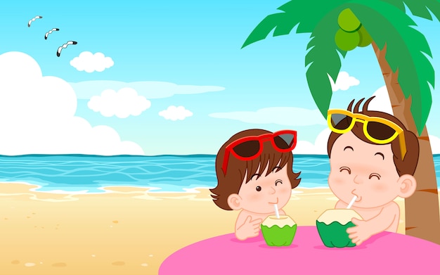ベクトルイラストかわいい漫画のキャラクターの男の子と女の子がビーチでココナッツ水を飲む プレミアムベクター