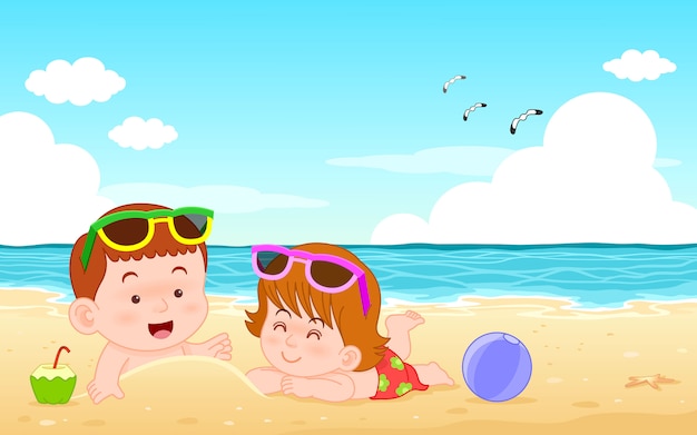 ベクトルイラストかわいい漫画のキャラクターの男の子と女の子の夏休みのビーチと海の上に横たわる プレミアムベクター